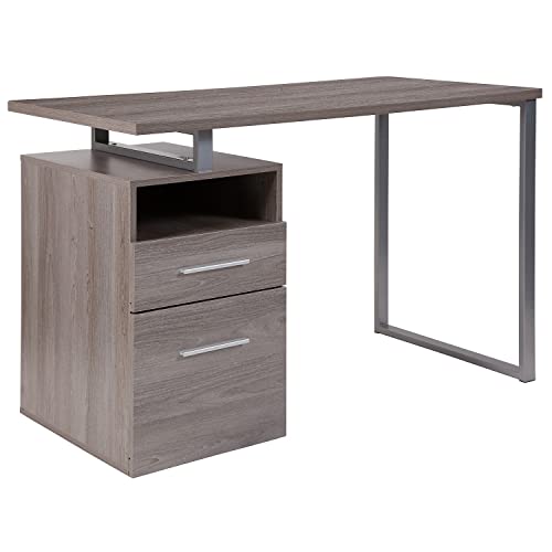 Flash Furniture Harwood Light Ash Wood Grain Finish Computer Desk with Two Drawers and Silver Metal Frame