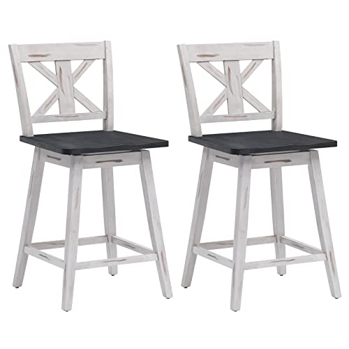 COSTWAY Bar Stools Set of 2, 360 Degree Swivel Counter Height Chairs w/Non-Slip Foot Pads, Rubber Wood Bar Chairs, Vintage Bar Stools for Home, Restaurant & Pub (White)