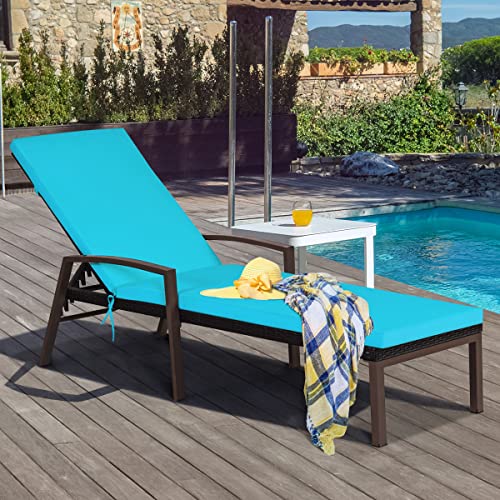 COSTWAY Patio Rattan Lounge Chair Chaise Recliner Back Adjustable Cushioned Turquoise