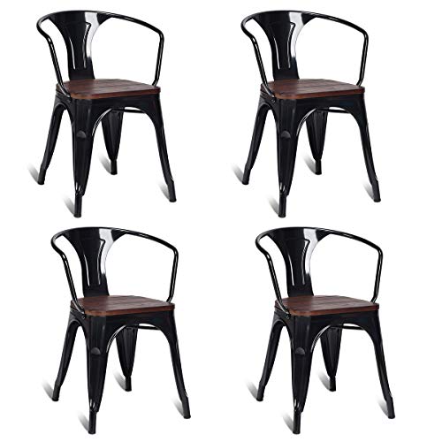 COSTWAY Tolix Style Dining Chairs Industrial Metal Stackable Armrest Chairs Bistro Metal Wood Furniture, Set of 4 (Black)