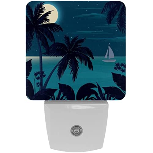 2 Pack Plug-in Nightlight LED Night Light Exotic Tropical Landscape with Moon Night Sky Palm Trees Flowers and Sea Sailboat, Dusk-to-Dawn Sensor for Kid's Room Bathroom, Nursery, Kitchen, Hallway