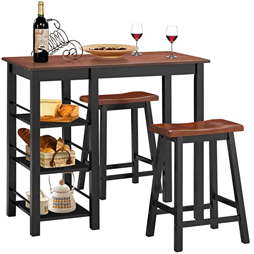 COSTWAY 3 Pieces Pub Table and Chair Set, Counter Height Dining Table Set with 2 Stools and 3 Storage Shelves, Industrial Wood Kitchen Table Set for Bar Bistro, Living Room, Restaurant