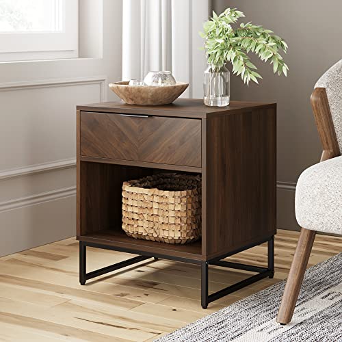 Nathan James Kensi Nightstand Side Accent or End Table with Storage, Walnut/Black