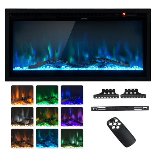 COSTWAY Electric Fireplace 36-Inch Wide, 9 Flame Color, 5-Level Brightness, 8H Timer, Thermostat, Wall-Mounted Freestanding and Recessed Linear Fireplace Heater with Crystal Decor and Log, 750W/1500W