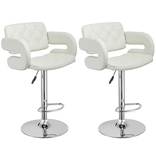 COSTWAY Swivel Bar Stools Leather Hydraulic Pub Chair Adjustable, Set of 2 (White)