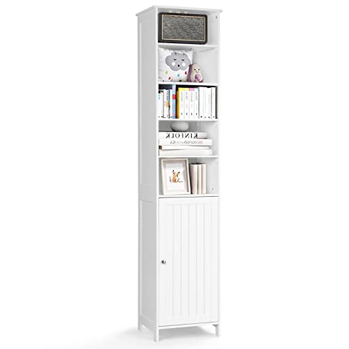 COSTWAY Bathroom Tall Storage Cabinet, Freestanding Floor Cabinet with 3-Level Adjustable Shelves, Convenient Door & Knob, Narrow Storage Cabinet Organizer for Bathroom, Living Room, Kitchen (White)