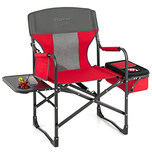 COSTWAY Folding Camping Chair, Heavy-Duty Director Chair Supports 400lbs for Adults with Side Table, Cooler Bag, Storage, Strap, Portable Makeup Chair Suitable for Fishing Picnic, Red