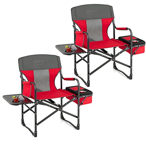 COSTWAY 2-Pack Folding Camping Chair, Heavy-Duty Director Chair Supports 400lbs for Adults with Side Table, Cooler Bag, Storage, Strap, Portable Makeup Chair Set of 2 for Fishing Picnic, Red