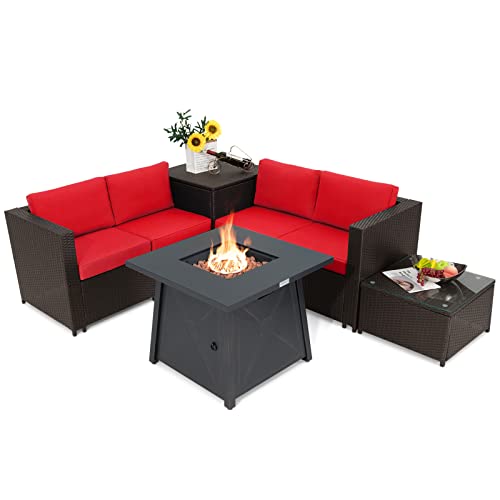 COSTWAY 5PCS Patio Rattan Furniture Set 30" Gas Fire Pit Table W/Cover Red