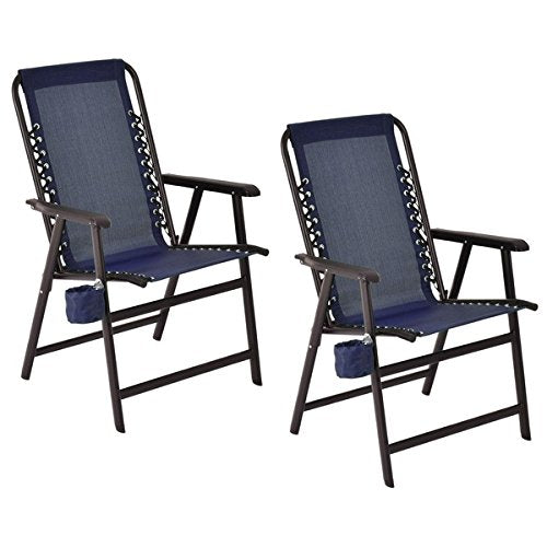 Costway Set Of Two Folding Outdoor Arm Chair Steel Frame W/ Cup Holder Blue