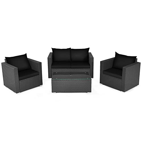 COSTWAY 4PCS Patio Rattan Furniture Set Cushioned Sofa Chair Coffee Table Black