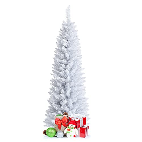 COSTWAY 5ft Unlit Artificial Slim Pencil Christmas Tree with Metal Stand White