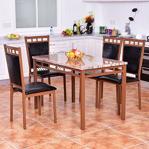 Costway 5 PC Dining Set Faux Marble Table And PU Chairs Home Kitchen Breakfast Furniture