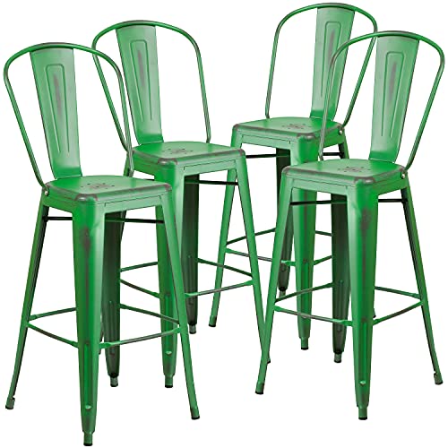 Flash Furniture Blake Commercial Grade 4 Pack 30" High Distressed Green Metal Indoor-Outdoor Barstool with Back