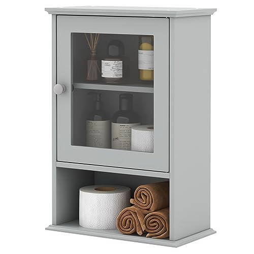 COSTWAY Bathroom Wall Cabinet, Over The Toilet Storage Organizer with Adjustable Shelf & Tempered Glass Door, Modern Wall Mounted Medicine Cabinet for Bathroom, Living Room, Entryway (Grey)