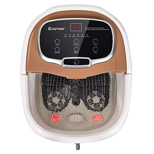 COSTWAY Foot Spa/Bath Massager, with Motorized Rollers, Shiatsu Massage, Shower, Heat, Red Light, Temperature Control, Timer, LED Display, Drainage Pipe for Foot Stress Relief (Coffee)