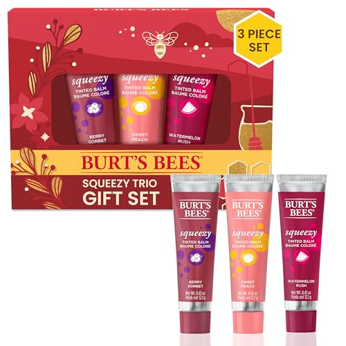 Burt's Bees Christmas Gifts, 3 Lip Care Stocking Stuffers Products, Squeezy Trio Tinted Lip Balm Set - Berry Sorbet, Sweet Peach & Watermelon Rush