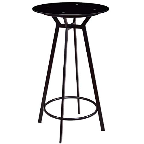 COSTWAY Round Bar Table Modern Height Metal Pub Table with Glass Top Black