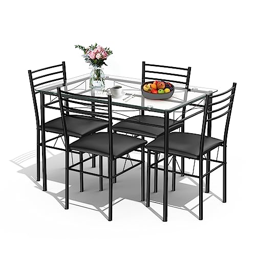 COSTWAY 5-Piece Home Kitchen Dining Set Tempered Glass Top 4 Chairs Modern Design