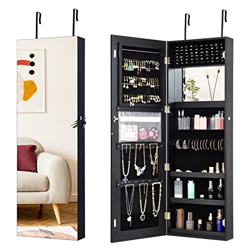 COSTWAY Mirror Jewelry Cabinet Armoire, Wall/Door Mounted Jewelry Storage Organizer w/Full-Length Mirror & Inside Makeup Mirror, Lockable Jewelry Cabinet w/Large Storage Space for Bedroom (Black)