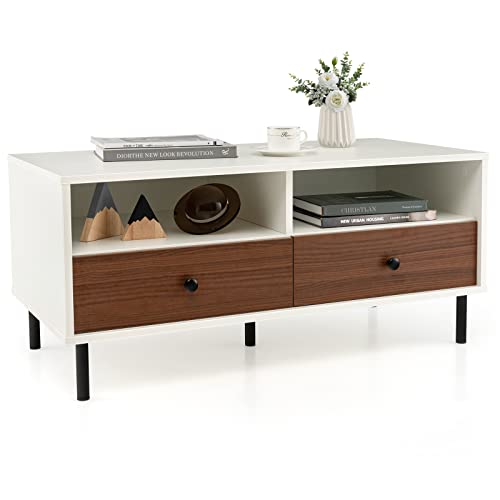 COSTWAY Modern Coffee Table with Storage, Rectangle Sofa Center Table with 2 Open Shelves & 2 Drawers, Sturdy Metal Legs, Wood Accent End Table for Living Room, Home, Office