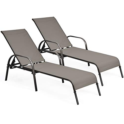 COSTWAY 2 PCS Patio Lounge Chair Chaise Adjustable Reclining Armrest Brown