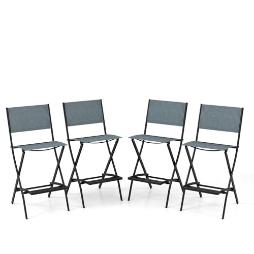 COSTWAY Outdoor Patio Bar Chair Set of 4, Folding Bar Height Stool with Metal Frame & Footrest, Patio Bar Stool for Balcony, Garden & Poolside (4, Blue)