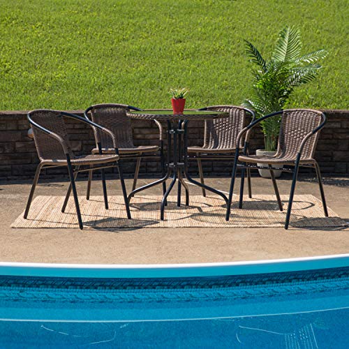 Flash Furniture Lila 28'' Round Glass Metal Table with Dark Brown Rattan Edging and 4 Dark Brown Rattan Stack Chairs