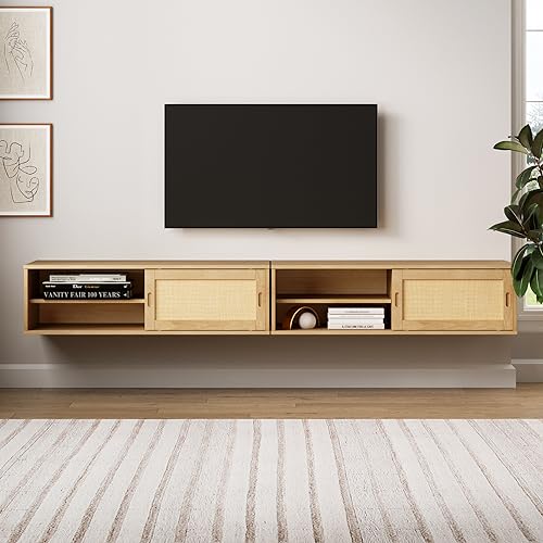 Nathan James Keanu Floating Media Entertainment TV Console, Set of 2, Natural Brown/Rattan - Set of 2