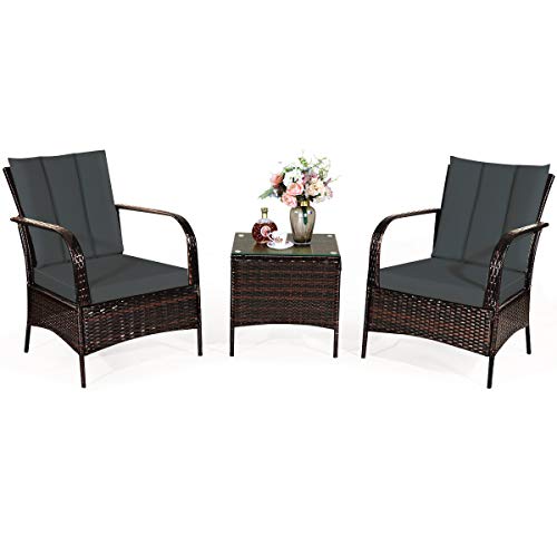 COSTWAY 3 PCS Patio Rattan Furniture Set Coffee Table & 2 Rattan Chair W/Gray Cushions