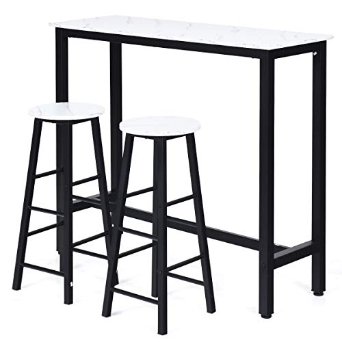 COSTWAY 3-Piece Bar Table Set with 2 Stools, Industrial Counter Dining Table Set, Pub Height Dining Table Set with Faux Marble Tabletop and Metal Frame, for Kitchen Dining Room (White)