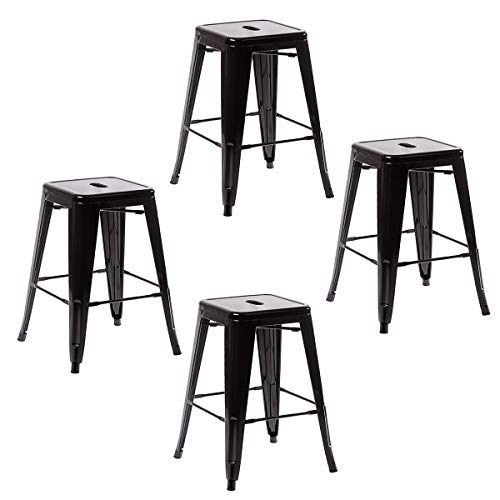 COSTWAY Metal Bar StoolsTolix Style Industrial Backless Counter Height Stools w/Square Seat Set of 4 (Black)