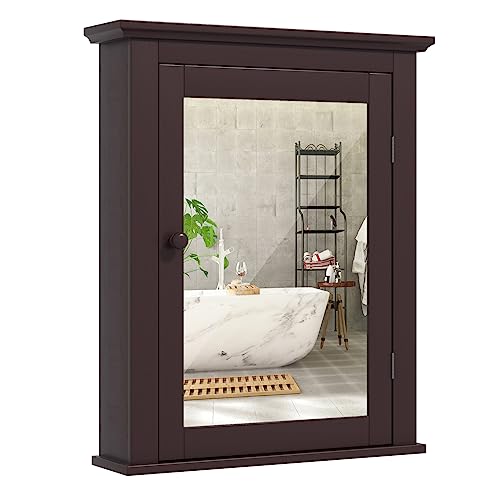 COSTWAY Bathroom Medicine Cabinet with Mirror, Wall-Mounted Storage Cabinet Organizer with 5-Position Adjustable Shelf, Hanging Bathroom Wall Cabinet for Living Room Bedroom Entryway (Brown)