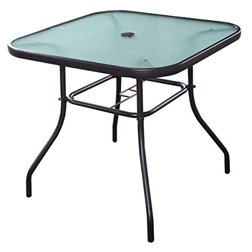 COSTWAY Patio Garden Pool Outdoor Furniture 32 1/2" Square Bar Dining Table Glass Deck w/Umbrella Hole, Black