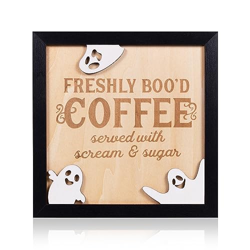 FRESHLY BOO’D COFFEE Halloween Signs, Funny Halloween Coffee Bar Decorations, Wooden Halloween Kitchen Decor Accessories, Cute Coffee Bar Wood Sign, Halloween Retro Home Decor Room Indoor Stuff