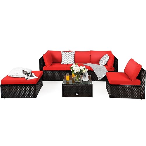 COSTWAY 6PCS Outdoor Patio Rattan Furniture Set Cushioned Sectional Sofa Red