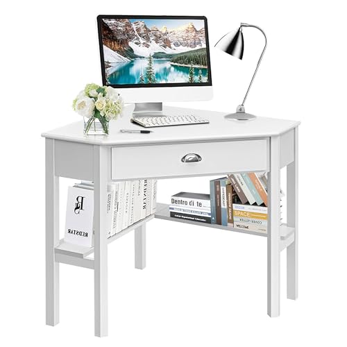Triangle Computer Desk Corner Office Desk Laptop Table w/Drawer Shelves Rustic White
