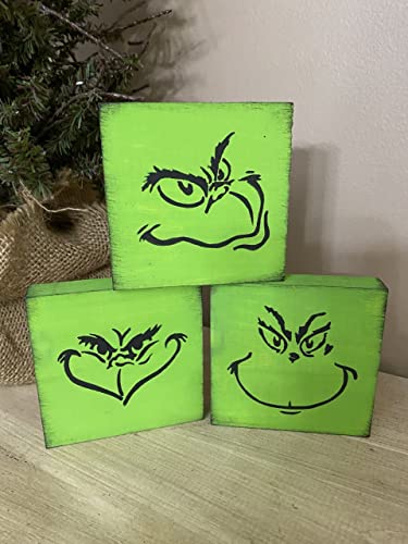 Grinch inspired mini block set farmhouse Christmas tiered tray Decorations Winter Holiday Decor Wooden Painted Sign