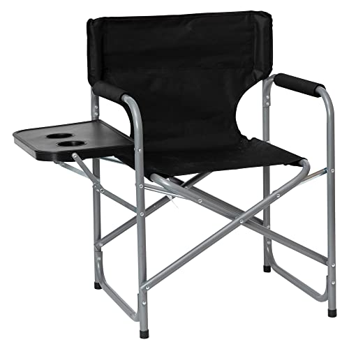 Flash Furniture Benjamin Folding Directors Camping Chair - Portable Black Sports Chair with Cupholder Side Table - Indoor/Outdoor Steel Tube Framed Foldable Chair