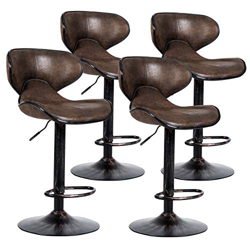 COSTWAY Vintage Barstools, Set of 4 Swivel Bar Stool with Backrest, Footrest and Height Adjustable, Counter Barstool for Bar, Kitchen, Dining Room, Living Room and Bistro Pub, Retro Brown