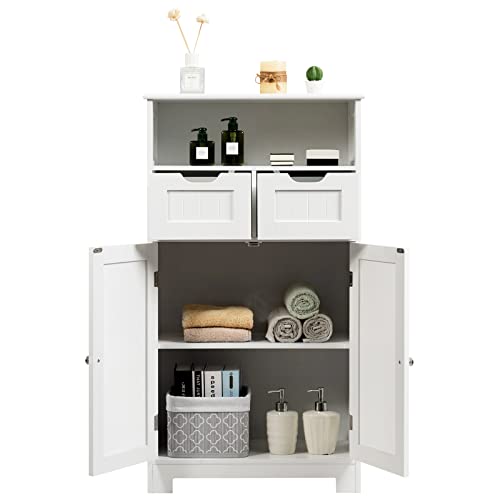 COSTWAY Bathroom Storage Cabinet, Freestanding Storage Organizer with 2 Drawers & Adjustable Shelf, Wooden Floor Cabinet for Living Room, Bedroom, Kitchen, Entryway (White)