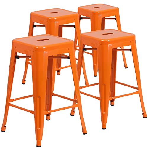 Flash Furniture Lily 4 Pack Commercial Grade 24" High Backless Orange Metal Indoor-Outdoor Counter Height Stool with Square Seat