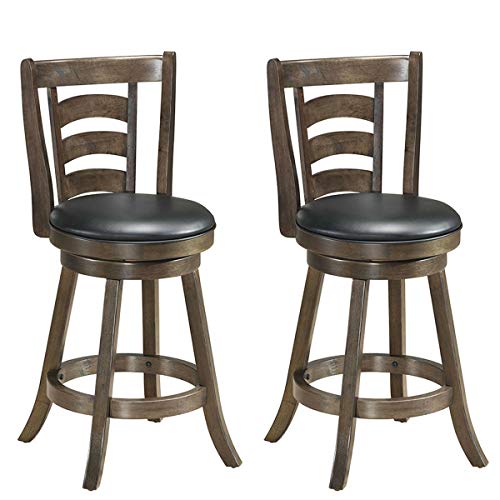 COSTWAY Vintage Bar Stools, Accent Rubber Wooden Swivel Bar Backed Dining Chair, Fabric Upholstered 360 Degree Swivel,Cushioned Seat, Perfect for Dining and Living Room (2*Height 24")