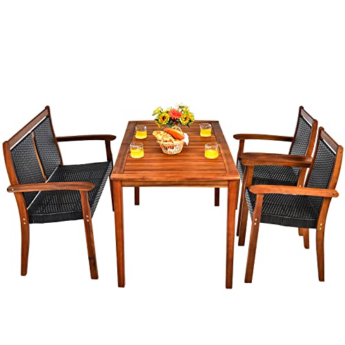 COSTWAY 4PCS Patio Rattan Dining Furniture Set Acacia Wood Frame Chair Loveseat