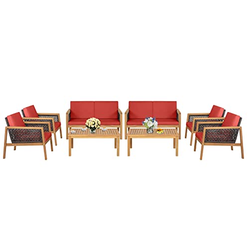 COSTWAY 8PCS Patio Rattan Furniture Set Acacia Wood Cushioned Sofa Red