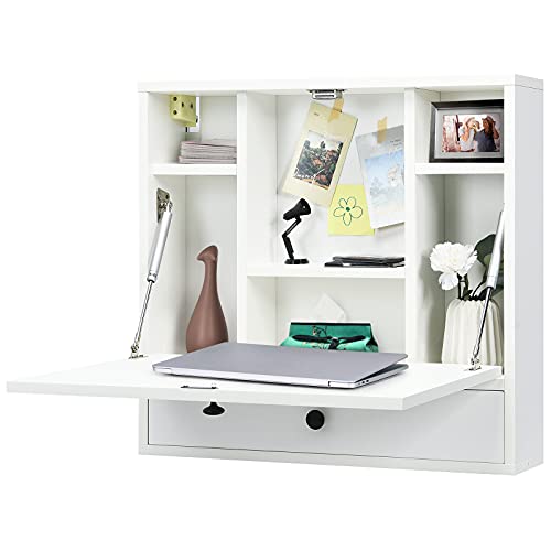 COSTWAY Wall-Mounted Computer Desk, Floating Desk with Storage Drawer & Shelves, Fold-up Desktop & Pneumatic Springs, Ideal for Home, Office, Dormitory, Small Spaces (White)