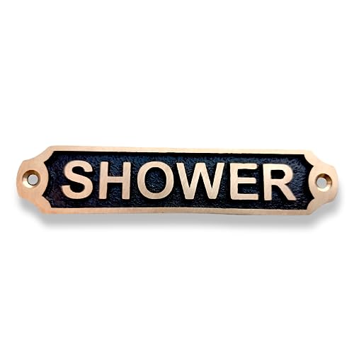 Shower Brass Door Signs - Set of 13 Door plaques Home Office Decor (Toilet, Ladies, Gents, WC, Push, Pull, The Man Cave, Mind The Step, Mind Your Head, Toilets, Cabin, Skipper, Radioroom) (Shower)