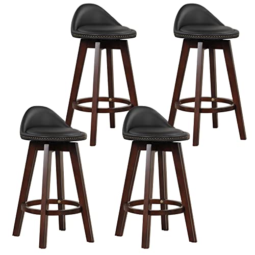 COSTWAY Bar Stool, Swivel PVC Leather Bar Height Chair with Low Back & Rubber Wood Legs, Armless Kitchen Island Stool for Home, Pub & Cafe, Black & Brown (4)