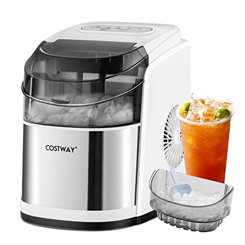 COSTWAY Countertop Ice Maker, Self-Cleaning Function, 26.5 LBS Ice Per Day, 9 Ice Cubes S/L Size Ready in 6-13 Minutes, Fully Open, Portable Ice Machine with Scoop Basket for Kitchen Bar Office, White