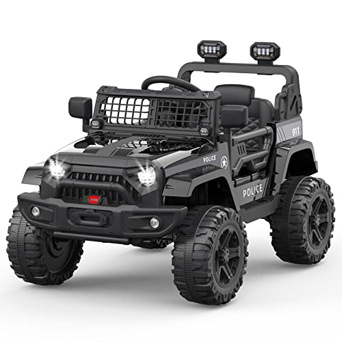 Ride on Truck Car 12V Kids Electric Vehicles with Remote Control Spring Suspension, LED Lights, Bluetooth, 2 Speeds (Black)